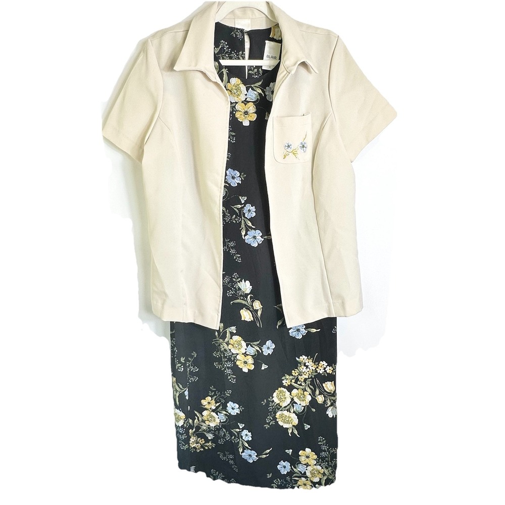Blair Womens Size M 2 Piece Black Floral Sleeveless Dress‎ Cream Jacket Set